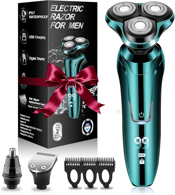 Electric Razors for Men, 3 Floating Heads Waterproof Wet Dry Shaver for Men, LED Display Cordless Rechargeable Electric Razor, Portable Travel Shaver for Face Beard Grooming