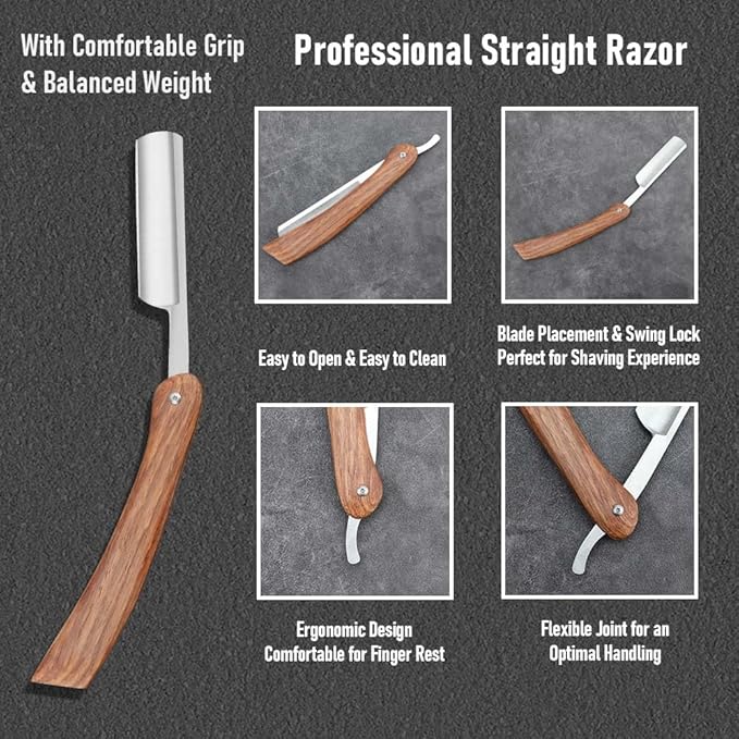 Straight razors for men Professional Straight Edge Barber Razor Premium Stainless Steel Shaver Razor with Shaving Strop for Men Home & Salon Grooming Using (NO.184)