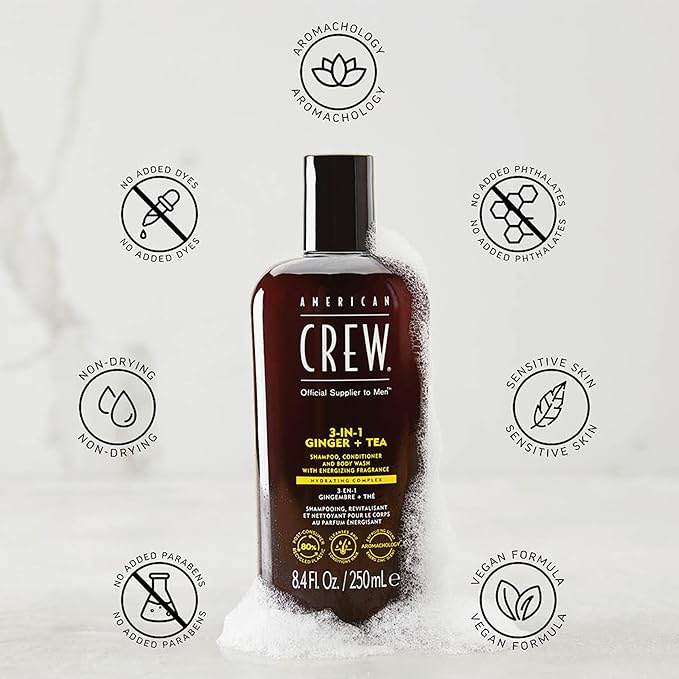 AMERICAN CREW 3-in-1 Ginger & Tea, Shampoo, Conditioner & Body Wash for Men, All-in-One Care with Revitalizing and Refreshing Fragrance, 33.8 fl oz