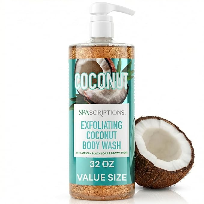 SpaScriptions Exfoliating Coconut Body Wash - 32 oz Scented Moisturizing Body Wash Scrub For Men and Women with African Black Soap for Smooth Skin and Brown Sugar for Gentle Exfoliation, Paraben Free