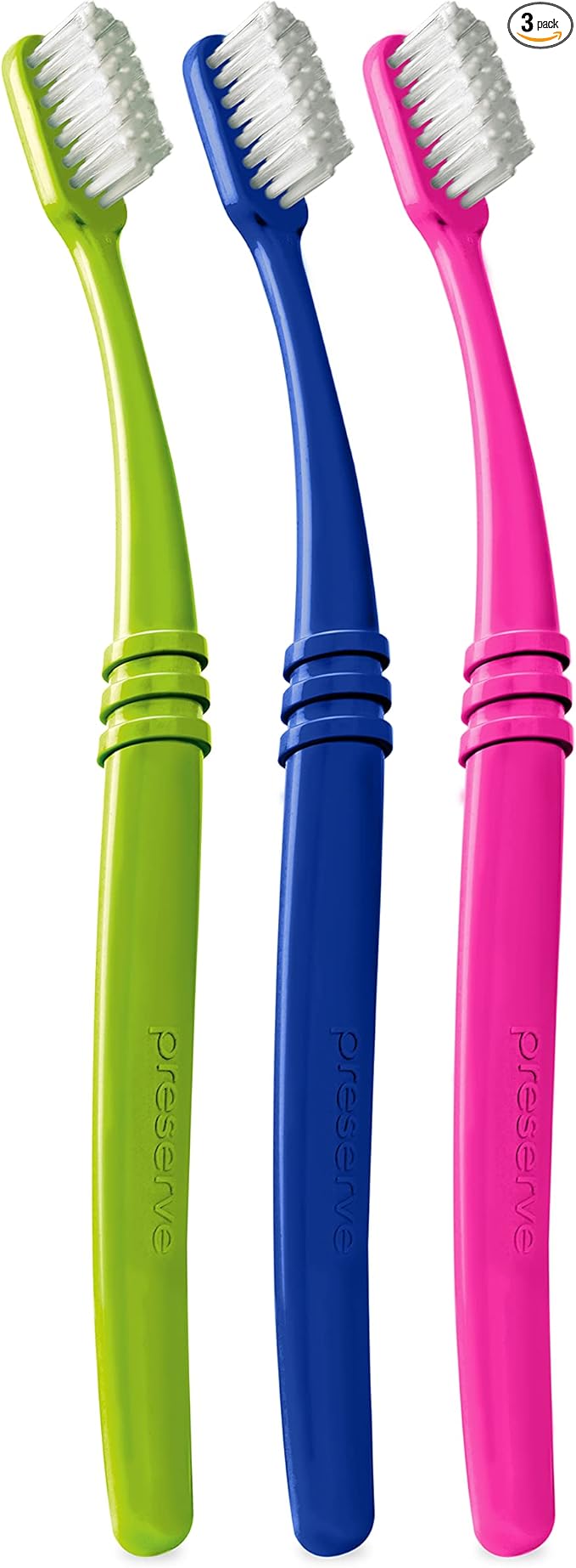 Preserve Eco Friendly Adult Toothbrushes, Made in The USA from Recycled Plastic, Lightweight Paper Packaging, Soft Bristles, Colors Vary, 3 Count