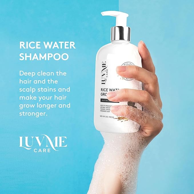 Luv Me Care Rice Water Hair Thickening Shampoo and Conditioner Set - with Biotin Strengthening and Volumizing Formula for Thinning Hair, All Hair Types, Men and Women