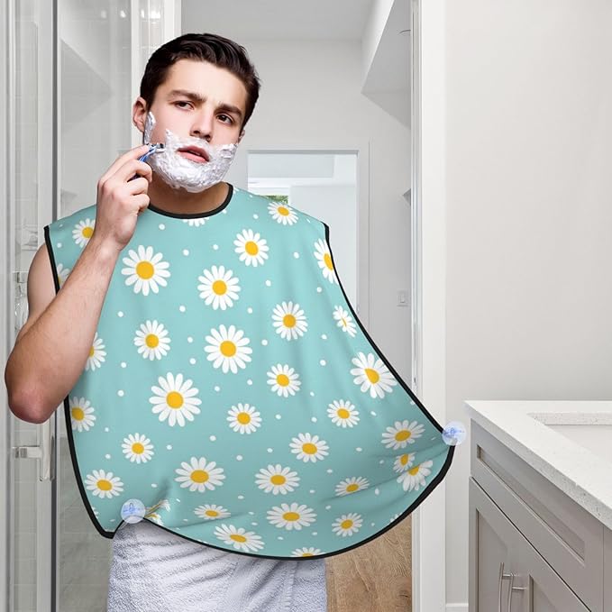 No-Slip Shaving Bib, Beard Grooming Apron with Strong Suction Cups, Floral Daisy Purple Flower