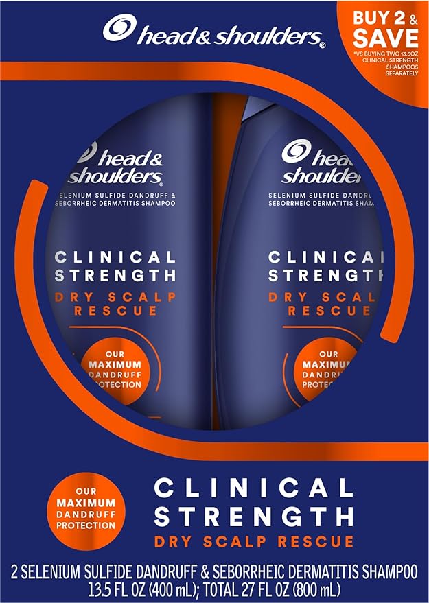 Head & Shoulders Anti-Dandruff Shampoo with 1% Selenium Sulfide, Clinical Strength Dry Scalp Rescue Shampoo Twin Pack, Seborrheic Dermatitis Relief, Dry Scalp 13.5 fl oz Each