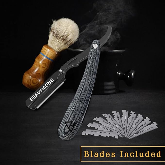 BEAUTICONE Straight Razors for Men, Straight Edge Razor, 100 Single Edge Blades, Stainless Steel, Barber Razor for Men's Shaving, Barber Shaving Knife, Swinglock