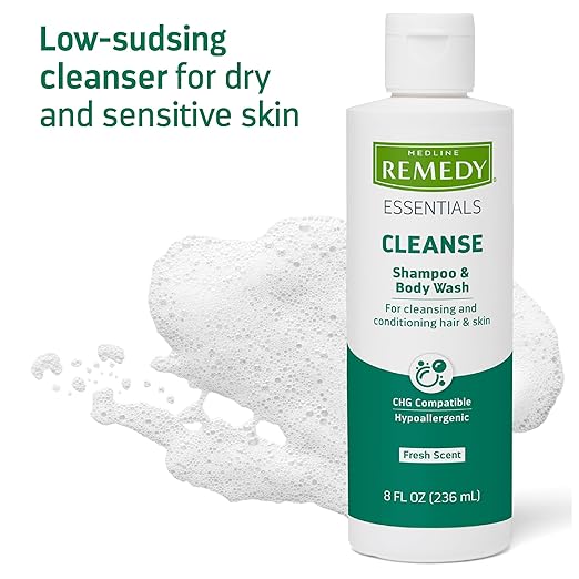 Medline Remedy Essentials Shampoo and Body Wash (8 fl oz), Fresh Scent, Full Body Cleanser with Aloe, For Adults & Elderly, Easy Rinse Gel for Bath, Shower or Bedside Bathing