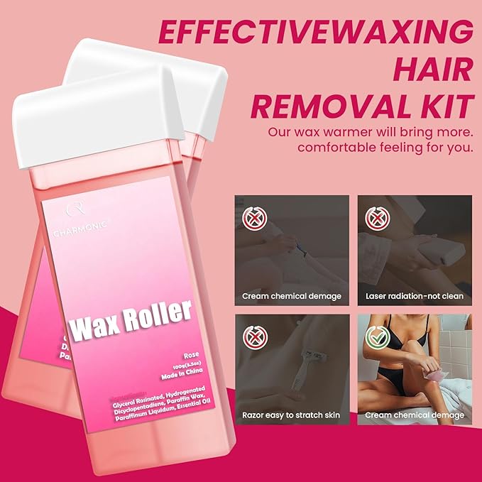 Roll On Wax Kit, Portable Wax Roller Kit for Coarse/Fine Hair Removal, Beginners Waxing Roller for All Skin Types with 3 Pcs 100g Roll Cartridge, 100 Non-Woven Strips & 10 After Oil Wipes (F1_White)