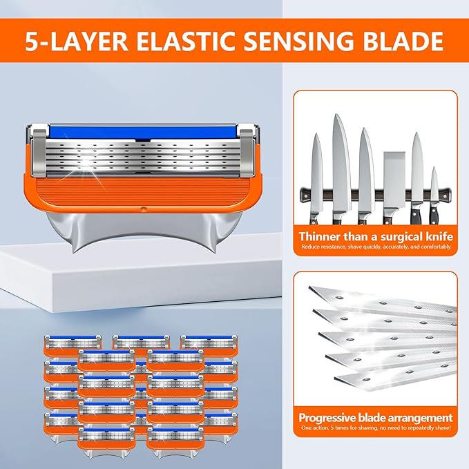 16 Count Razor Blade Shaving Razor Blade Refills for Fusion 5, a More Comfortable Shave for Men, Orange New Version