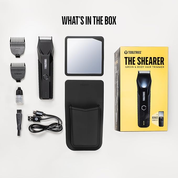 TOOLETRIES The Shearer - Groin & Body Hair Trimmer for Men, Electric Shaver for Pubic Hair, Balls, Groin, Chest, Legs, Waterproof Wet/Dry Clippers, Rechargeable, Bonus Shower Kit - Black
