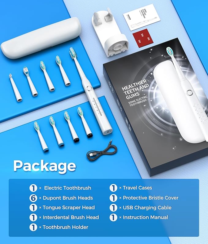 TEETHEORY Electric Toothbrush with Travel Case, Sonic Toothbrush for Adults with 8 Brush Heads for 2-Year Use, 40000 VPM Deep Clean Rechargeable Toothbrushes Last 30 Days with 5 Modes White