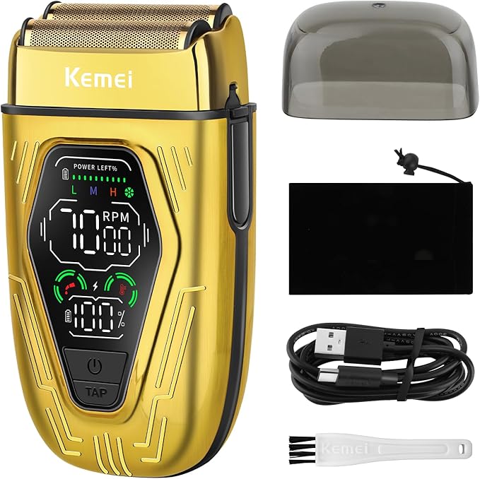 KEMEI KM-T360 Professional Foil Shaver, Barber Shaver with LED Display, Electric Razor for Men USB-C Rechargeable, Wet & Dry Electric Shaver with Detachable Dual Blades