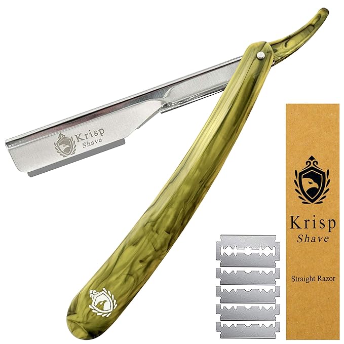 Professional Straight Razors For Men 2mm Exposed Blade Straight Edge Barber Razor Kit For Close Shaving - Beard Navajas Para Barbero Shavette 10 Shaving Blades By Krisp Beauty (Yellow Marble Design)