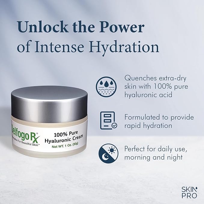 Delfogo Rx 100% Pure Hyaluronic Acid Cream for Face - Deep Hydration Moisturizer for Dry Skin, Anti Aging Facial, Plumping Day & Night Cream for Women and Men