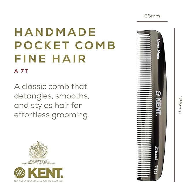 Kent 7T Black Graphite All Fine Tooth Pocket Comb for Men - Handmade Hair Comb for Men for Everyday Grooming and Styling - Travel Comb for Hair Care, Mustache and Beard Care, Saw Cut and Hand Polished