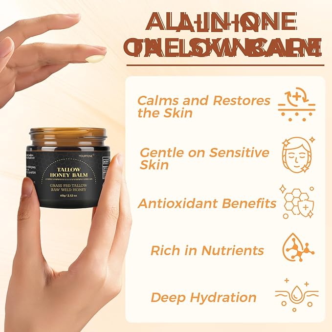 Beef Tallow for Skin, Tallow and Honey Balm for Face, Organic Grass-fed Beef Tallow Face Moisturizer for Deep Nourish and Soothe Dry Skin (2.12oz/60g)