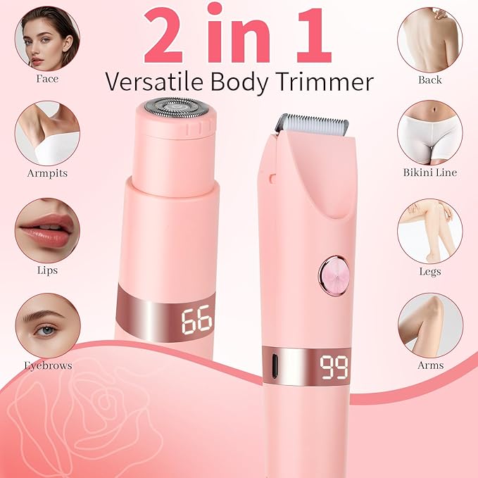 2-in-1 Electric Shaver & Bikini Trimmer with LED Display for Women & Men，IPX7 Waterproof Wet/Dry Electric Razor with Dual Head, Rechargeable Painless Body & Facial Hair Remover (Pink)