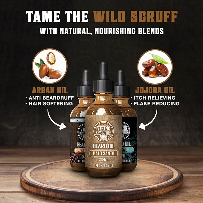 Viking Revolution Beard Oil for Men 3 Pack - Natural Mens Beard Oil Variety Set - Coffee & Whiskey, Palo Santo, Sea Salt Scents - Beard Conditioning and Moisturizing for a Healthy Beard (3 Pack, 1oz)