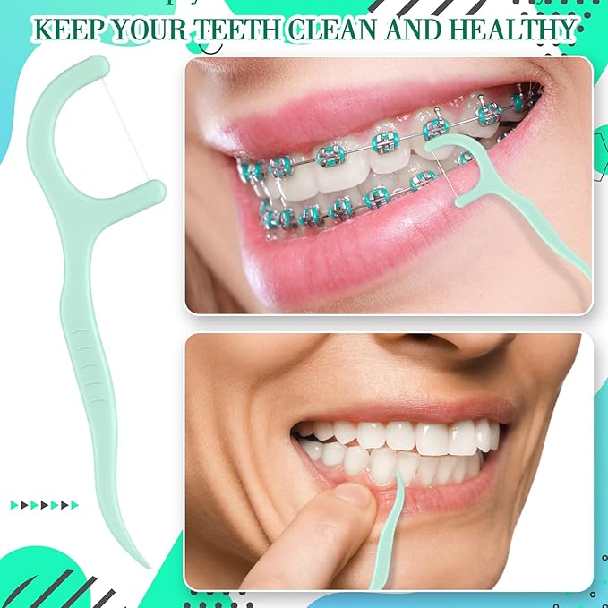 Baderke 200 Count Floss Picks Bulk Non Breakable Tooth Picks Flosser Dental Floss Sticks for Adults Teeth Cleaning Dental Flossers for Family Pack Travel (Light Green)