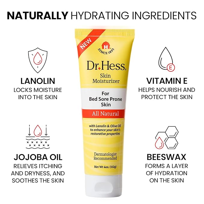 Dr. Hess Skin Moisturizer for Bed Sore Prone & Dry Skin, All Natural with Lanolin, Olive Oil, Jojoba Oil & Beeswax, Paraben & Sulfate Free, Hydrating Body & Face Cream, 4 oz 3 Pack