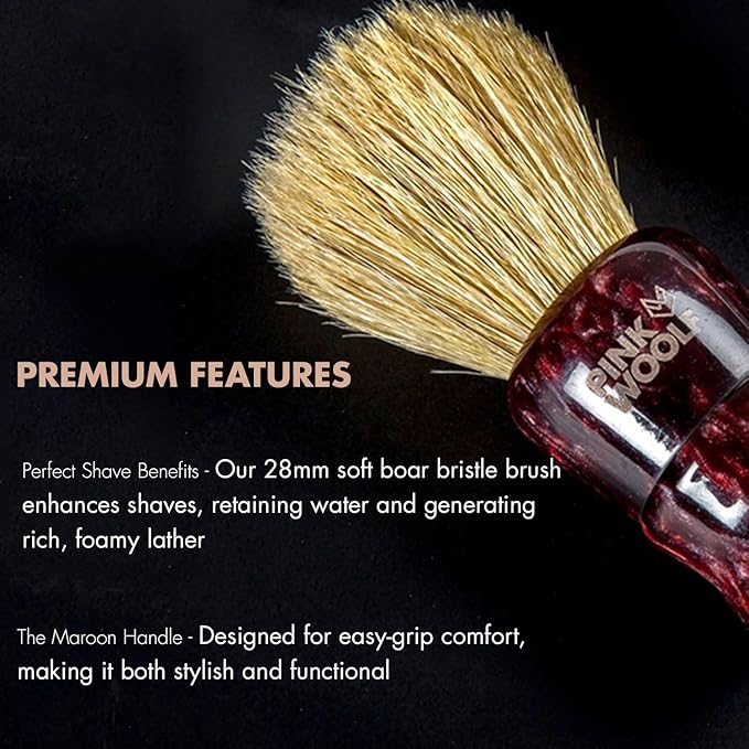 Boar Bristle Shaving Brush for Men – 28mm Knot Premium Wet Shave Brush with Maroon Handle, Create Thick Foamy Lather, Gentle on Skin, Perfect for Regular Use