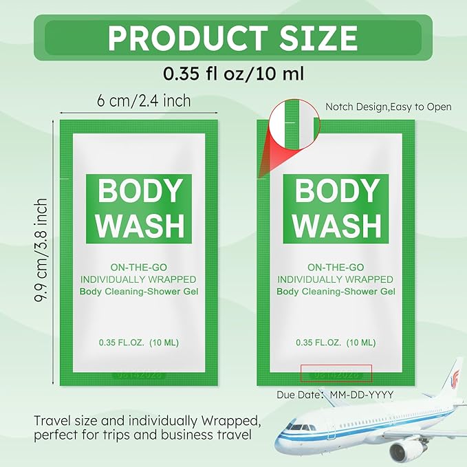 Travel Size Body Wash Packet Bulk Pack of 100,Individually Wrapped 0.35 fl oz(10 ml) Disposable Small Mini Bath Shower Gel Toiletries Supplies for Hotel,Guests,Homeless,Charity,Gym