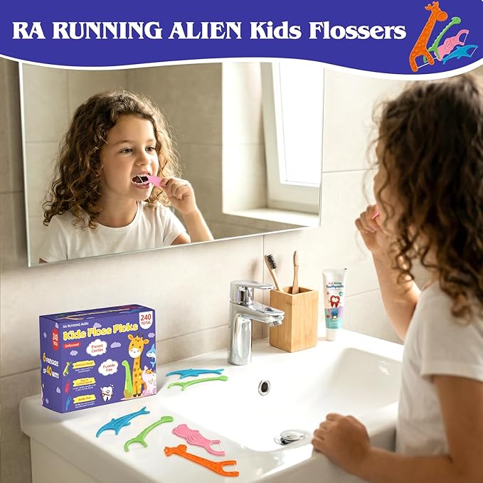 240 Count Kids Flossers,Fun Floss Sticks Fluoride & PFA Free Toothpick Flossing Sticks,4 Cute Animal-Shaped Dental Floss Picks for Kids,Non Toxic Floss with Anti-Slip Handle