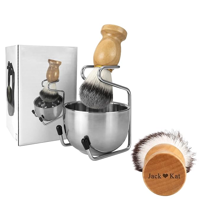 Personalized Shaving Brush Set for Men, Custom Stainless Steel Shaving Razor&Brush Holder Soap Bowl Badger Hair Beard Shave Brush Kit for Dad Husband Boyfriend Father's Day Gift