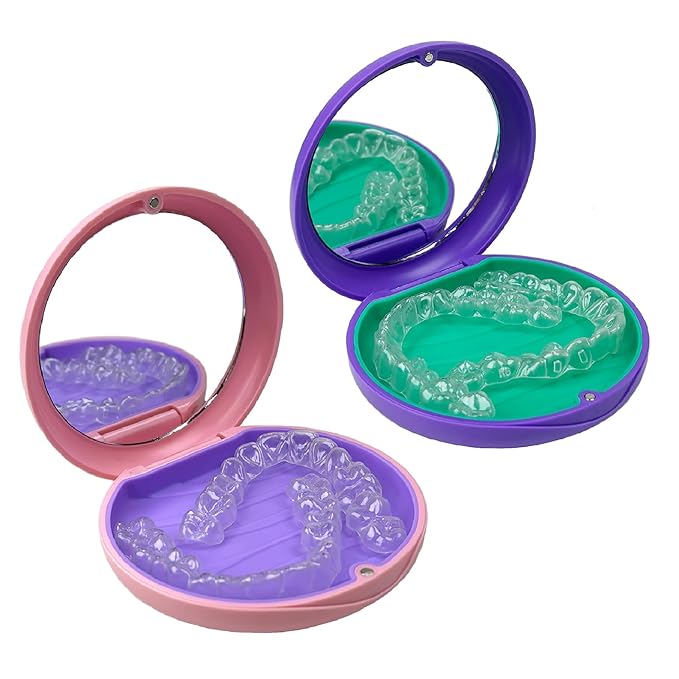 2 Pack Aligner Case with Mirror,Convenient Retainer Case for Invisalign Aligners, Night Guards, and Mouth Guards(1PC Pink Purple+1PC Purple Green)