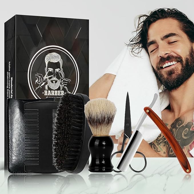 Straight Edge Razor Shaving Kit, Including Steel Shaver & Shaving Brush & Wooden Beard Comb & Brush, Beard Grooming Scissors, Idea Gift for Christmas, Birthday, Father for Men - Brown