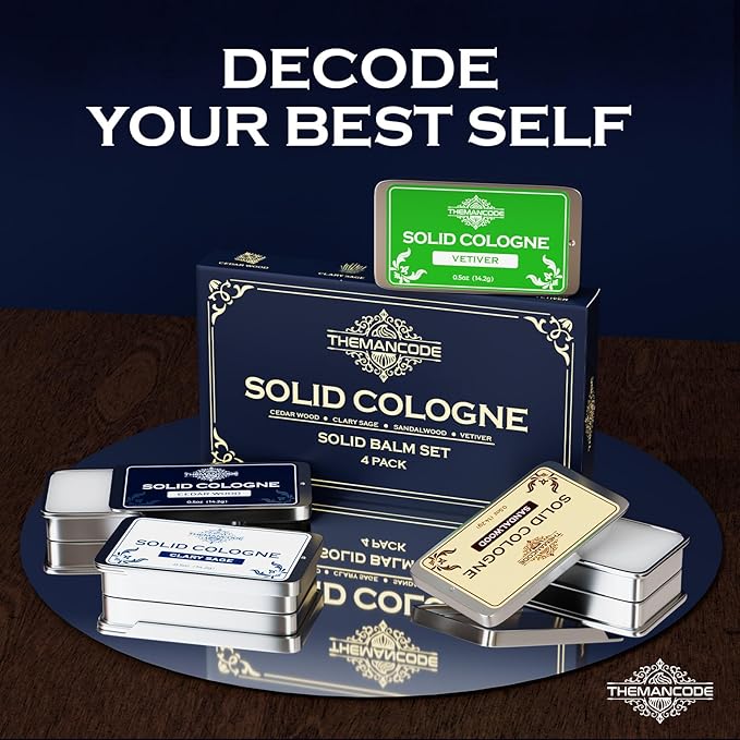 Solid Cologne for Men, Stocking Stuffers, Gifts for Men, Solid Perfume with Sandalwood, Vetiver, Cedarwood, Sage Scents, 4 Pack