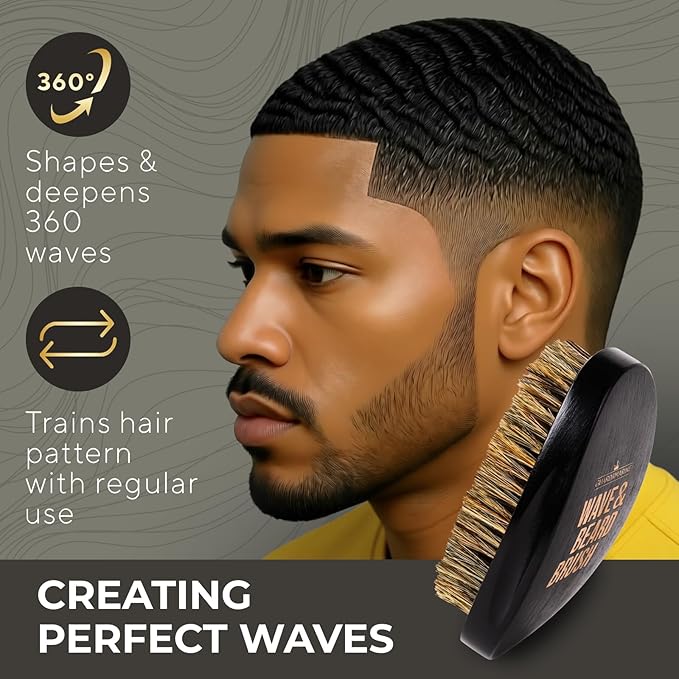 GUARD&MARINE Wave & Beard Brush for Men – Natural Boar Bristles, Palm Curve Design, Wood Handle – Shapes 360 Waves & Softens Beard