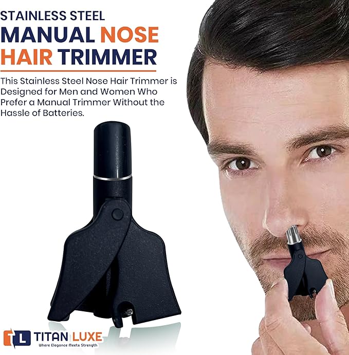 Stainless Steel Hair Trimmer for Men and Women | Manual Nose and Ear Hair Trimmer | Nose Clippers, 360° Rotating Hair Trimmers | Washable Nose Hair Remover | Black