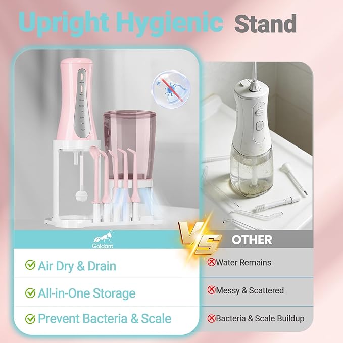 2026 New 350ML Water Flosser with Drainage & Storage Stand, Keeps Dry & Clean, 5 Modes, 360°Nozzle, Cordless Rechargeable, IPX7 Waterproof, Portable for Home & Travel (Pink)