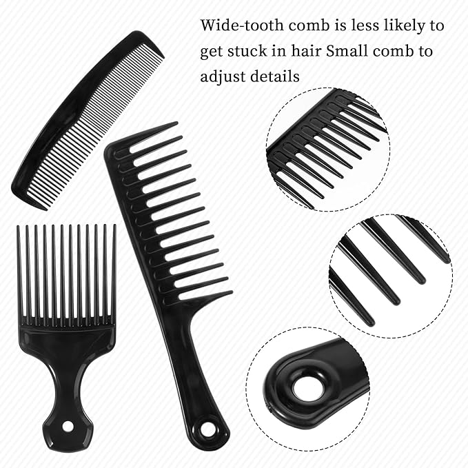 3 PCS Afro Comb, Wide Tooth Comb and Pocket Combs for Men Set, Big Tooth Comb Detangling Carbon Fiber Comb Set, Beard Pick Hair Combs for Men Barber Brush Tool for Beard, Long, Thick, Curly Afro Hair