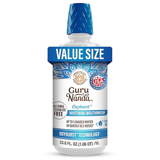 GuruNanda Oxyburst Teeth Whitening Mouthwash – Alcohol & Fluoride Free, with Hydrogen Peroxide & 7 Essential Oils, Value Size for Regular Use, Wild Mint, 1 Liter/33.8 fl oz