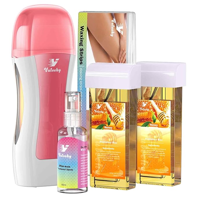 Roll on Wax Kit, Rolling Wax Hair Removal Kit for Women Men, Waxing Kit for Hair Removal, Roller Waxing Kit with 2 Honey Cartridges, 50 Pcs Strips