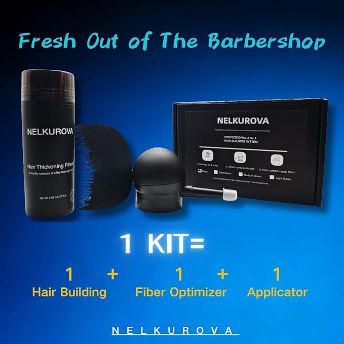 Hair Building Fibers for Thinning Hair, 3-in-1 Kit- Enhancements Barber Spray, Instantly Thicker Fuller Hair Beard & Hairline Cover Up, Undetected & Natural, 27.5g, (Dark Brown)