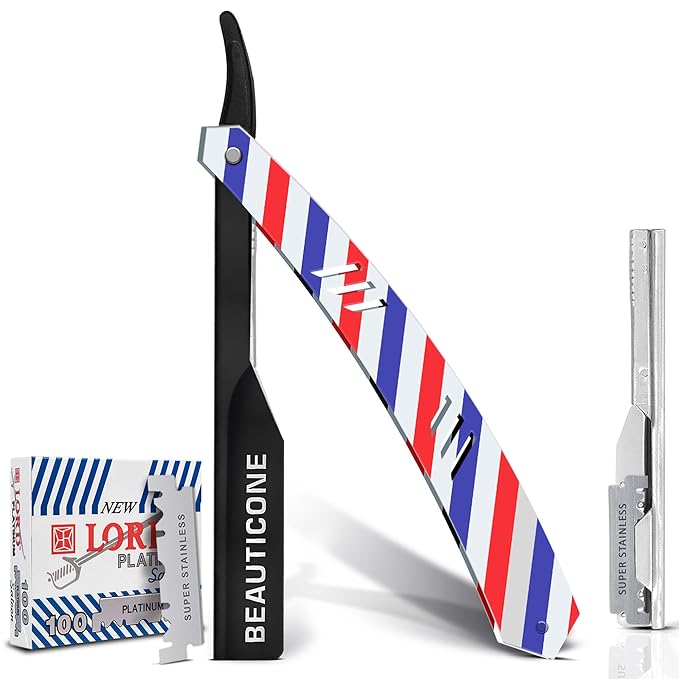 BEAUTICONE Straight Razors for Men, Straight Edge Razor, 100 Single Edge Blades, Stainless Steel, Barber Razor for Men's Shaving, Barber Shaving Knife, Slide-Out