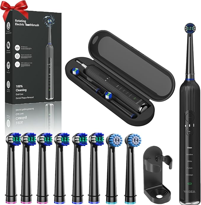 Rotating Electric Toothbrush for Adults with 8 Brush Heads, Travel Case, 5 Modes Rechargeable Power Toothbrush with Smart Timer,USB-C Charge 50-Day Battery Life, 3 Intensity, R05(Black)