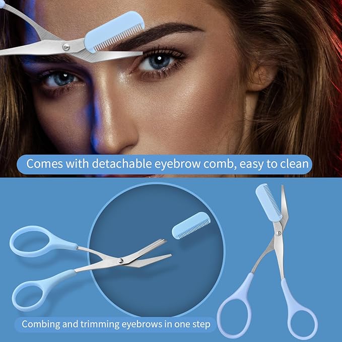 3pcs-Eyebrow Scissors with Eyebrow Razor,Professional Eyebrow Trimmer Scissors with Comb,Non Slip Finger Grips Eyebrow Trimmer, Hair Removal Beauty Accessories for Men Women (Green,Blue,white)