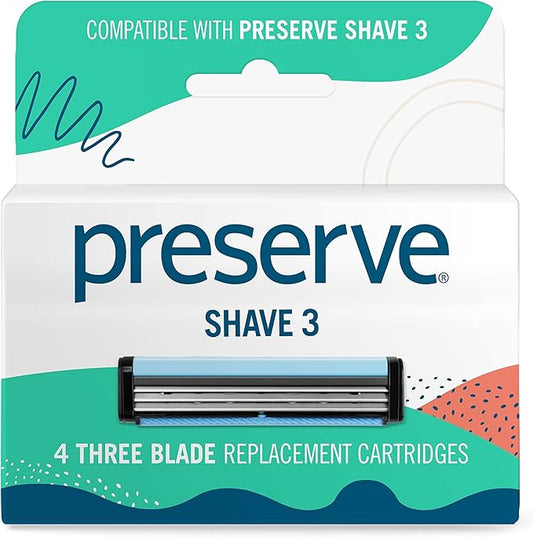 Preserve Shave 3 Razor Blade Refills, Titanium-Coated 3 Blade Cartridges with Vitamin E & Aloe – Eco Friendly, Cruelty Free, Unisex Shaving for Face & Body – 4 Pack