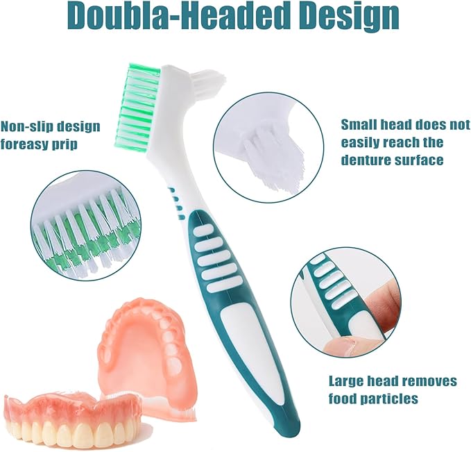 Denture Brush with Case, Convenient Travel False Teeth Toothbrush, Rubber Material, Ergonomic Handle False Teeth Toothbrush, Soft Denture Brush, Effective Denture Cleaner Brushes Kit