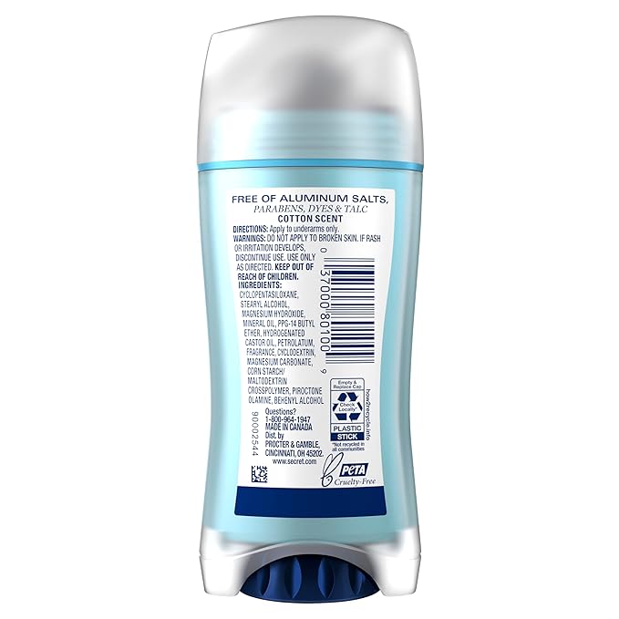 Secret Aluminum Free Deodorant for Women, 48hr Odor Protection, Free of Parabens Dyes Talc & Baking Soda, PH Balancing Minerals, Dry Solid, Cotton Scent, 2.4 oz