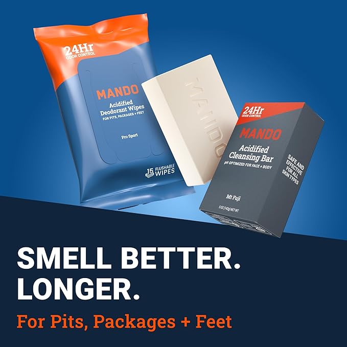Mando Whole Body Deodorant 3 Piece System - 2.6 oz Smooth Solid Stick, 5.0 oz 4in1 Acidified Cleansing Bar, & 15 ct Deodorant Wipes - Aluminum & Baking Soda Free Odor Control - 3 pc Bundle (Mt Fuji)