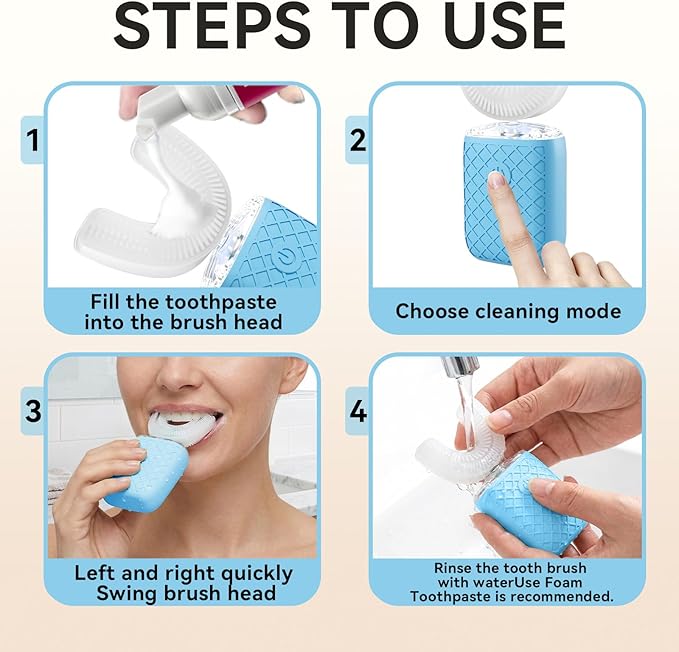 Adult Sonic Automatic Electric Toothbrush, 360° Oral Cleaning Stain Whitening, IPX7 Waterproof Rechargeable, u-Shape Brush Head*3+Straight Handle Brush Head*2 (Blue)
