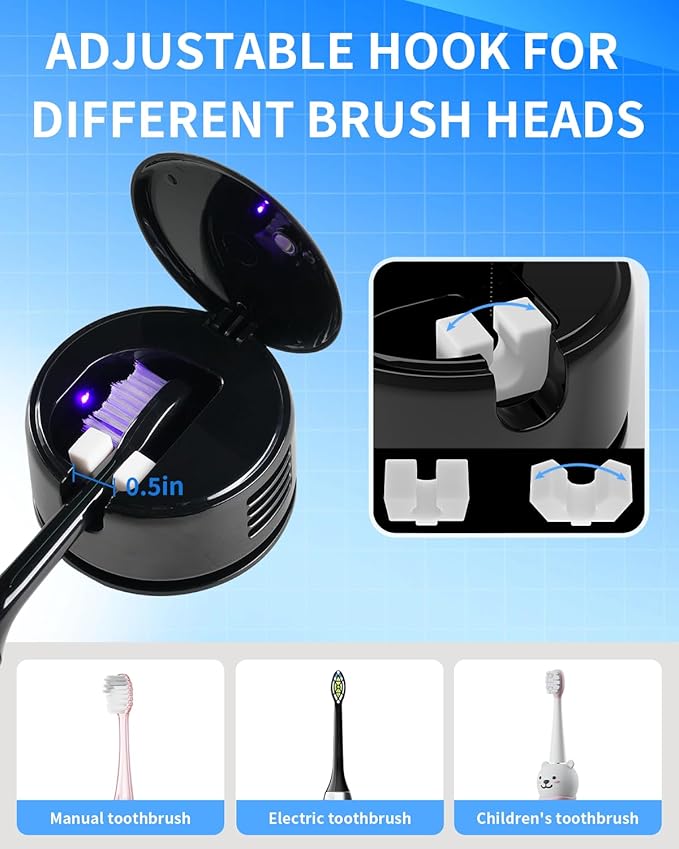 UV Toothbrush Sanitizer for Bathrooms, Single Toothbrush Sanitizer, Wall Mounted Tooth Brush Sanitizer Holder with Fan Drying, No Drilling (Black)