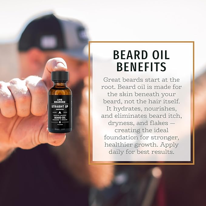 Live Bearded Beard Oil, 1 fl oz - Premium All-Natural Jojoba - Made in the USA - Hair and Skin Care for Men with Dry, Flaky Patches | Straight Up Unscented - Fragrance-Free