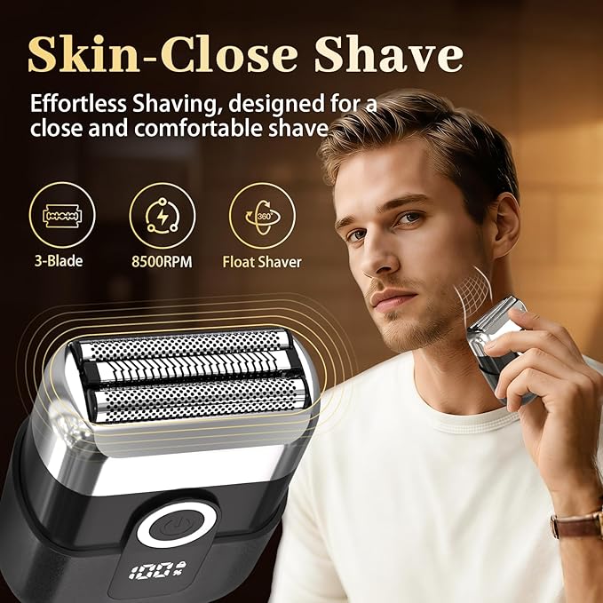 Electric Foil Shaver for Men: Mini Electric Razor for Face/Beard - 3 Floating Blades Cordless Razor with LED Display - IPX7 Waterproof Wet Dry Shaving for Travel & Home, USB Type C