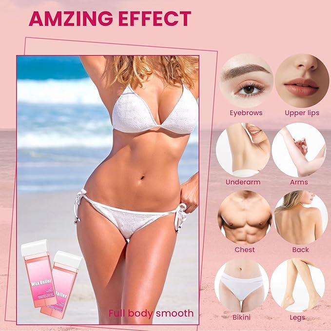 Roll On Wax Kit, Portable Wax Roller Kit for Coarse/Fine Hair Removal, Beginners Waxing Roller for All Skin Types with 3 Pcs 100g Roll Cartridge, 100 Woven Strips & 10 After Oil Wipes (F3_LightPink)