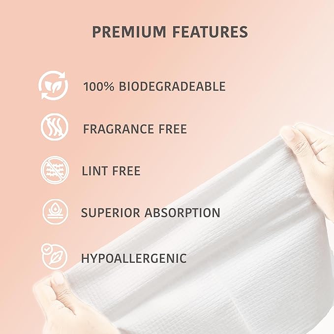 Disposable Cotton Face Towels – Super Soft Face Dry Wipes, Hypoallergenic Makeup Remover Wipes, for All Skin Types Incl. Sensitive Skin, Facial Cloths 100% Biodegradable- 50 Count